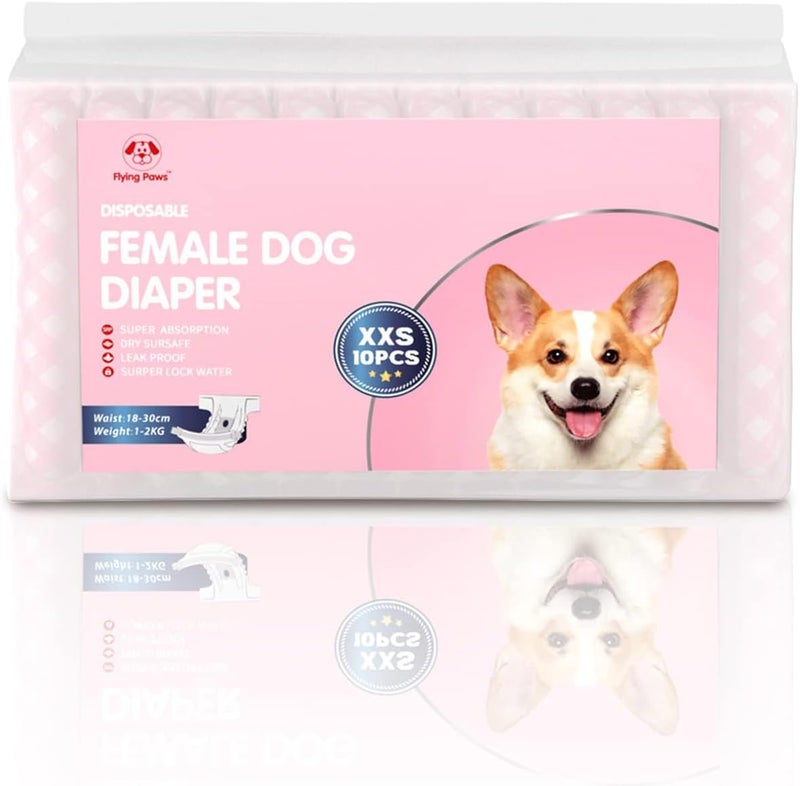 Flying Paws Disposable Female Dog Diapers, Puppy Diapers with Adjustable Elastic Waistline for Female Dog or Cat in Heat,Incontinence, Diaper with Wetness Indicator, XXS-10 Count - Image 2